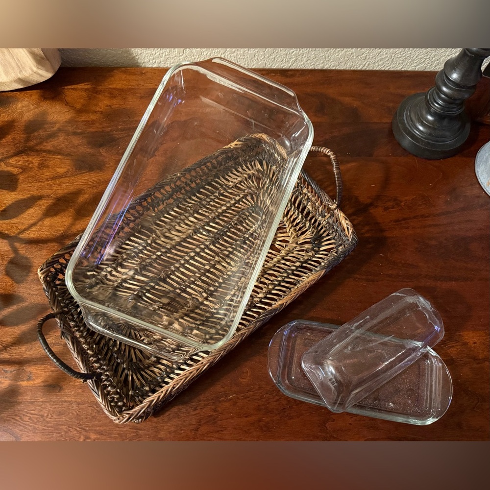 Glass Baking Dish with Wicker Tray & Glass Butter 🧈 Dish Set